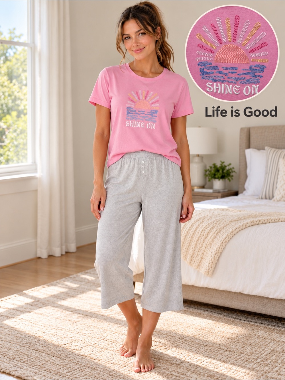 NWT Life Is Good Shine On Embroidered Women's Lounge Pajama Set Medium $78 MSRP
